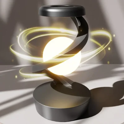 Molanizzi Levitating Lamp: Black spiral design, glowing orb, futuristic desk lamp.