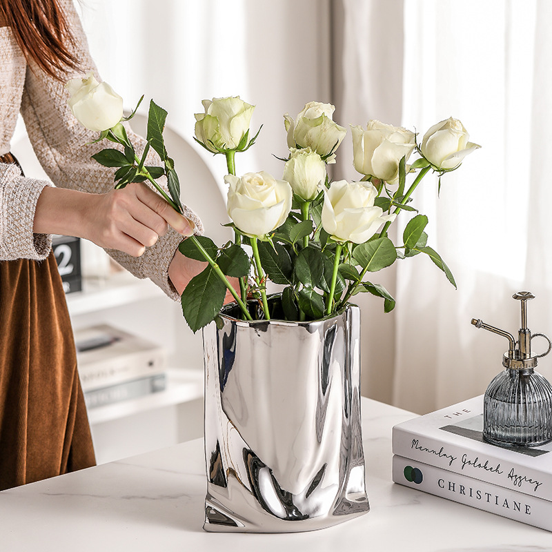 Pleated Electroplated Ceramic Vase – Metallic Accent for Fresh or Dried Flowers - Image 2