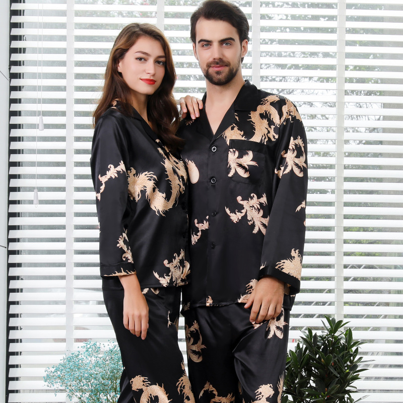 Couple's Matching Faux Silk Pajama Set and Loungewear - Image 2