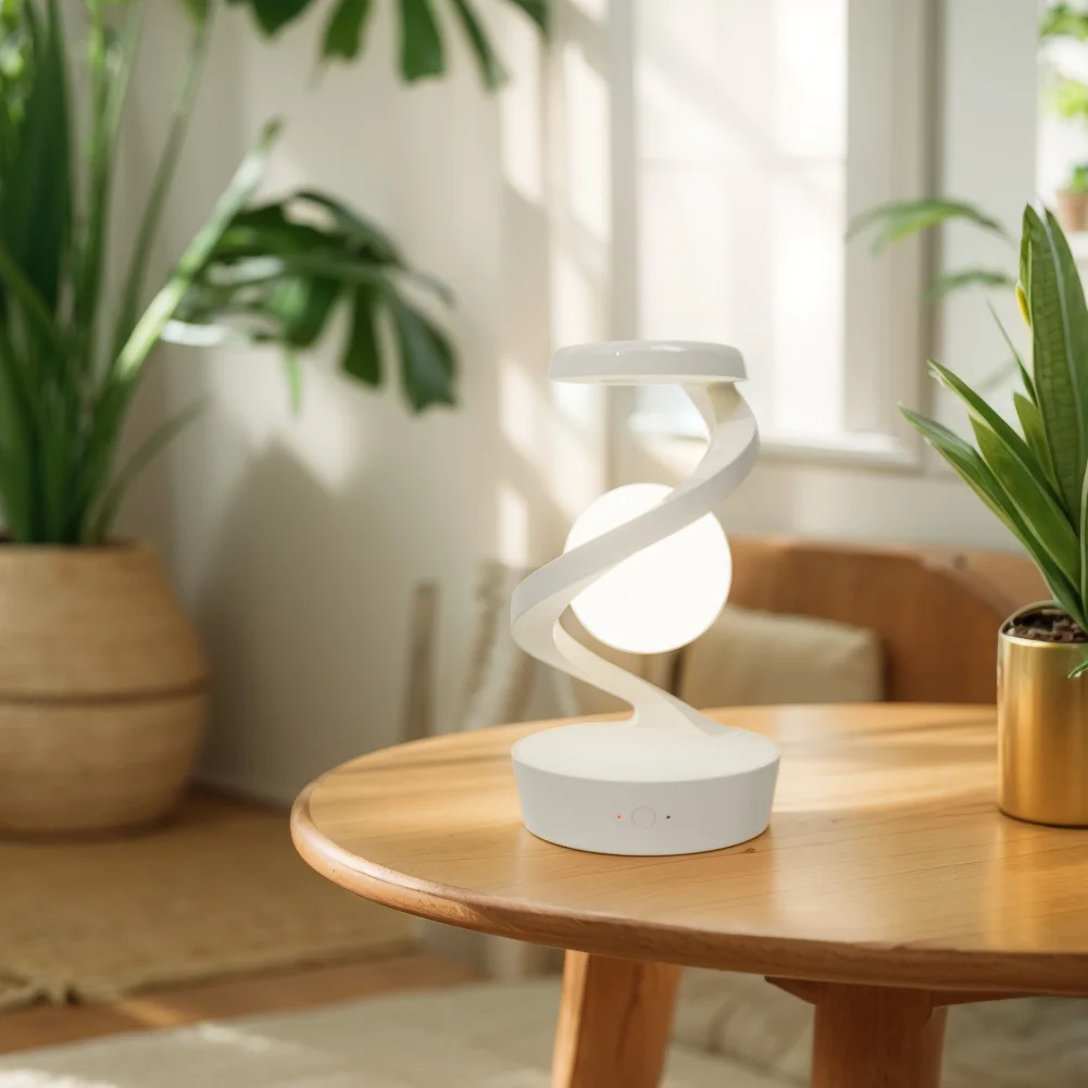 Molanizzi Levitating Lamp: Modern spiral design, white, magnetic levitation desk lamp.