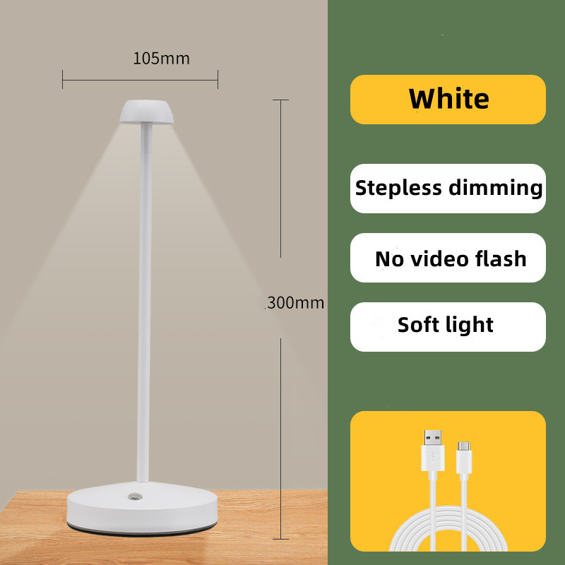 Molanizzi white stepless dimming LED desk lamp, 300mm height, soft light, no video flash, USB cable.