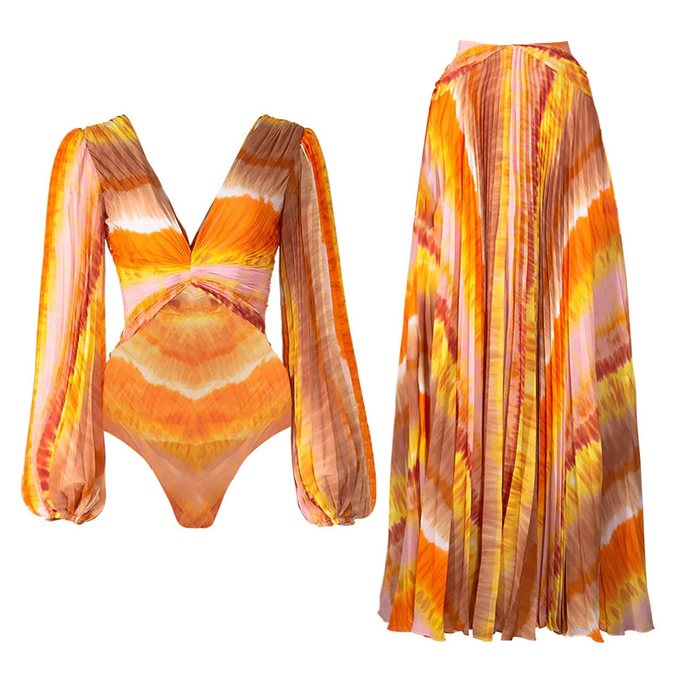 Ladies Long Sleeve V-Neck One-Piece Swimsuit and Beachwear Set with Skirt