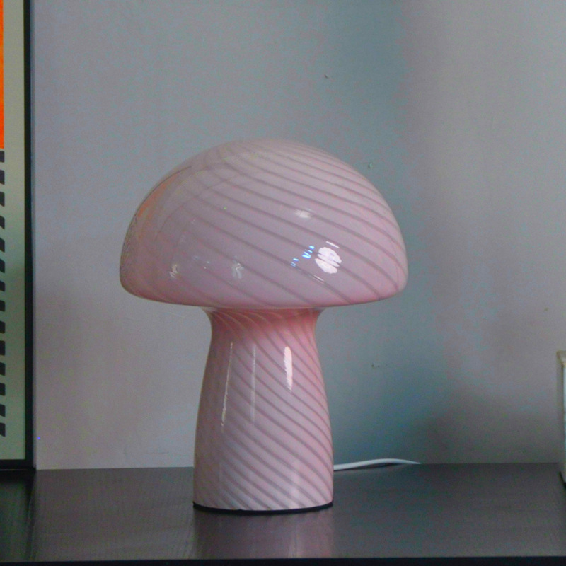 Pink Molanizzi mushroom-style glass table lamp with a striped pattern