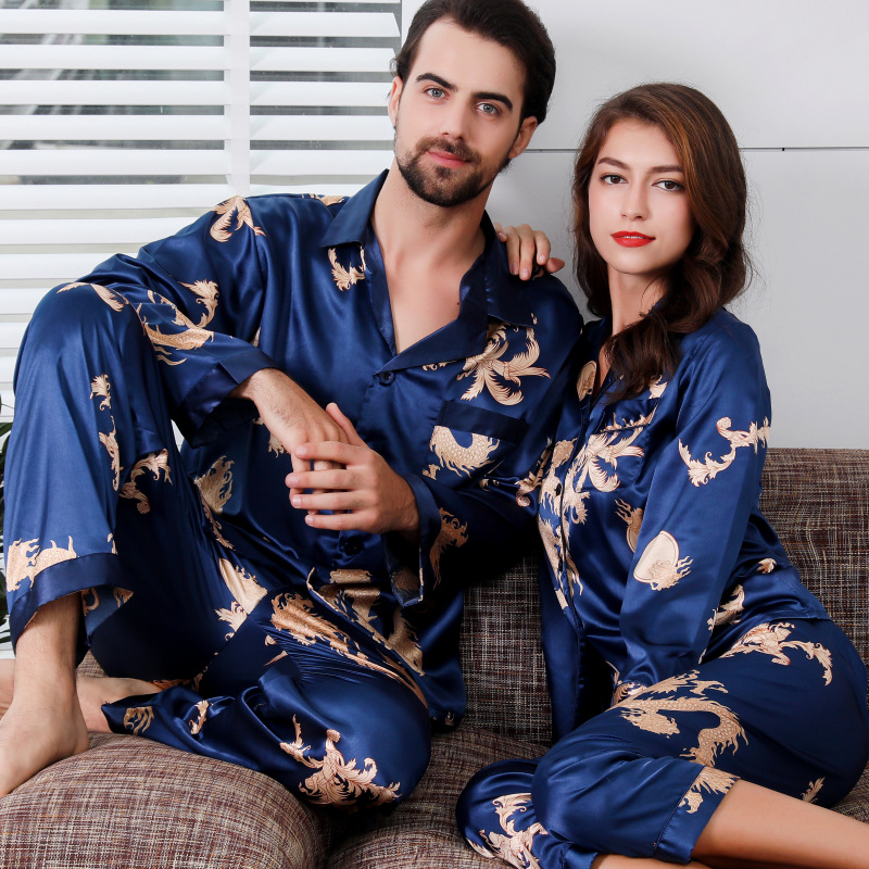Couple's Matching Faux Silk Pajama Set and Loungewear - Image 3