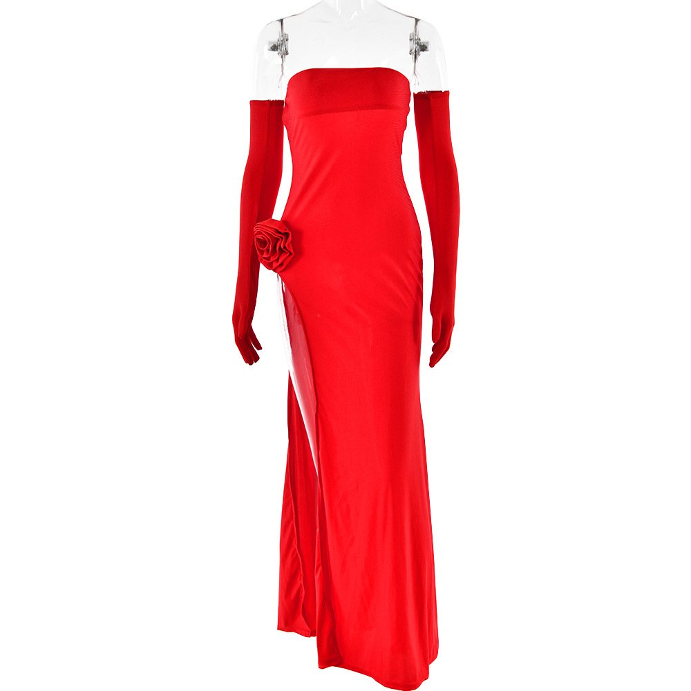 Women's Strapless Floral Accordion High-Slit Backless Evening Maxi Dress - Image 6
