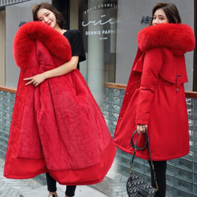Women's Mid-Length Fleece-Lined Parka Jacket with Plush Faux Fur Hood Collar