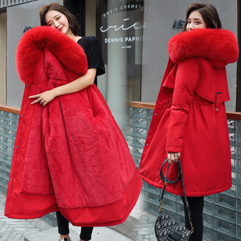 Women's Mid-Length Fleece-Lined Parka Jacket with Plush Faux Fur Hood Collar