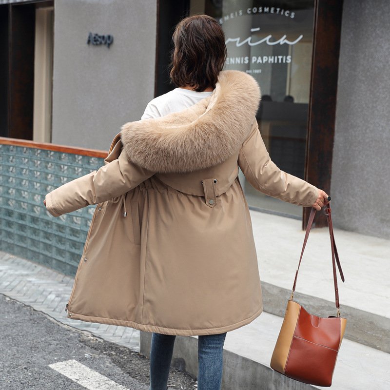 Women's Mid-Length Fleece-Lined Parka Jacket with Plush Faux Fur Hood Collar - Image 6