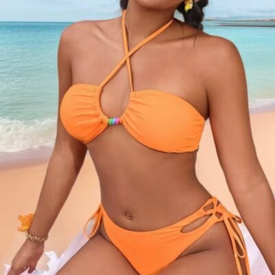 Women's Lace-Up Solid Color Two-Piece Split Bikini Swimsuit
