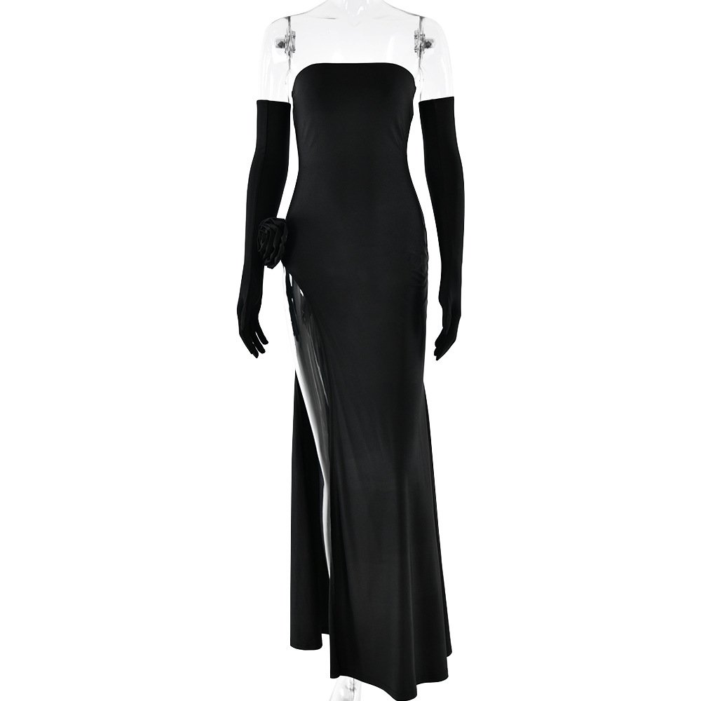 Women's Strapless Floral Accordion High-Slit Backless Evening Maxi Dress - Image 7