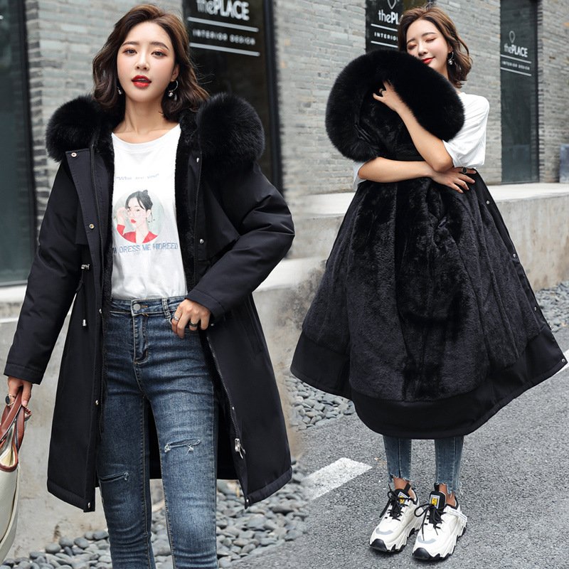 Women's Mid-Length Fleece-Lined Parka Jacket with Plush Faux Fur Hood Collar - Image 4