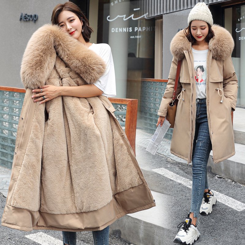 Women's Mid-Length Fleece-Lined Parka Jacket with Plush Faux Fur Hood Collar - Image 3