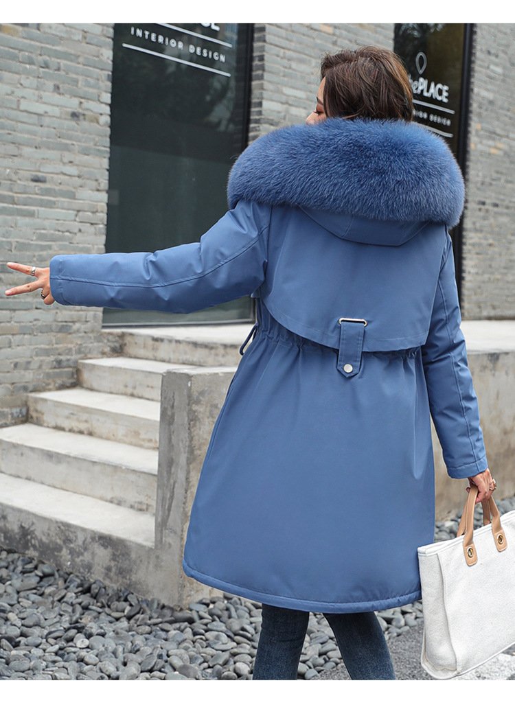 Women's Mid-Length Fleece-Lined Parka Jacket with Plush Faux Fur Hood Collar - Image 9