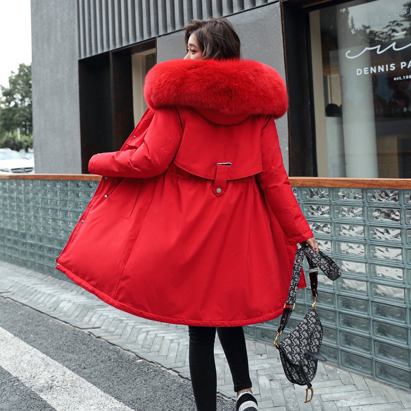Women's Mid-Length Fleece-Lined Parka Jacket with Plush Faux Fur Hood Collar - Image 7