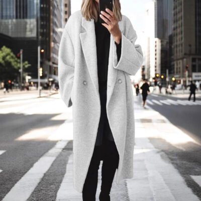 Women's Elegant Long Wool Blend Single-Breasted Windbreaker Trench Coat